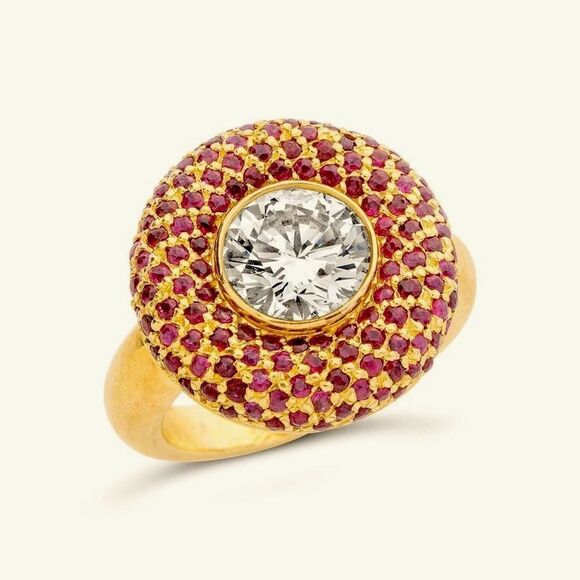 2.10 Carat Diamond Solitaire with 138 Rubies 18KYG Halo Ring - Picture 1 of 13